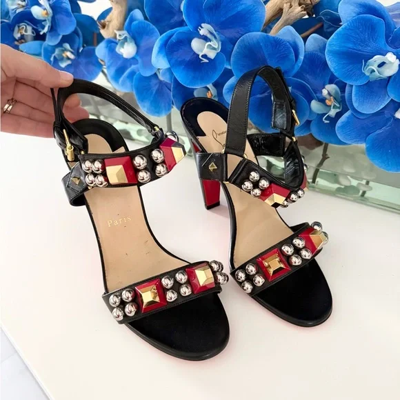 NEW Christian Louboutin Pyrabubble Sandals Heels in Black Leather Gold Studs - Picture 2 of 8